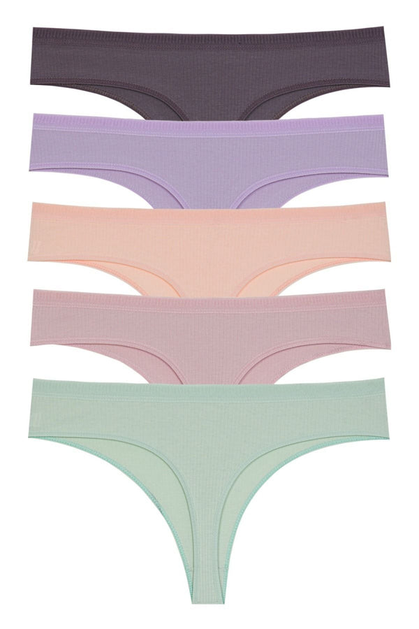 Pamuklu Fitilli Paça Iz Yapmaz Lastikli Tanga 5'li Paket 1450 - Mürdüm-Lila-Yavru-Gül Kurusu-Mint
