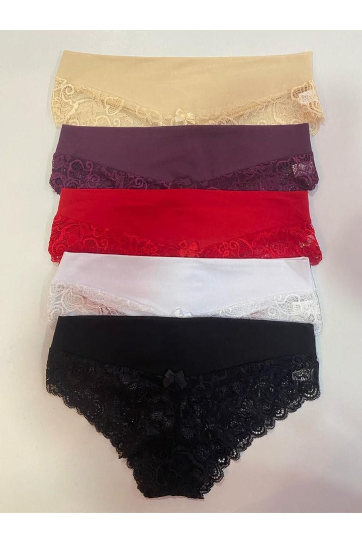 Beli Kumaş Kemerli Dantelli Brezil Külot 5'li - 3130-1 Kırmızı